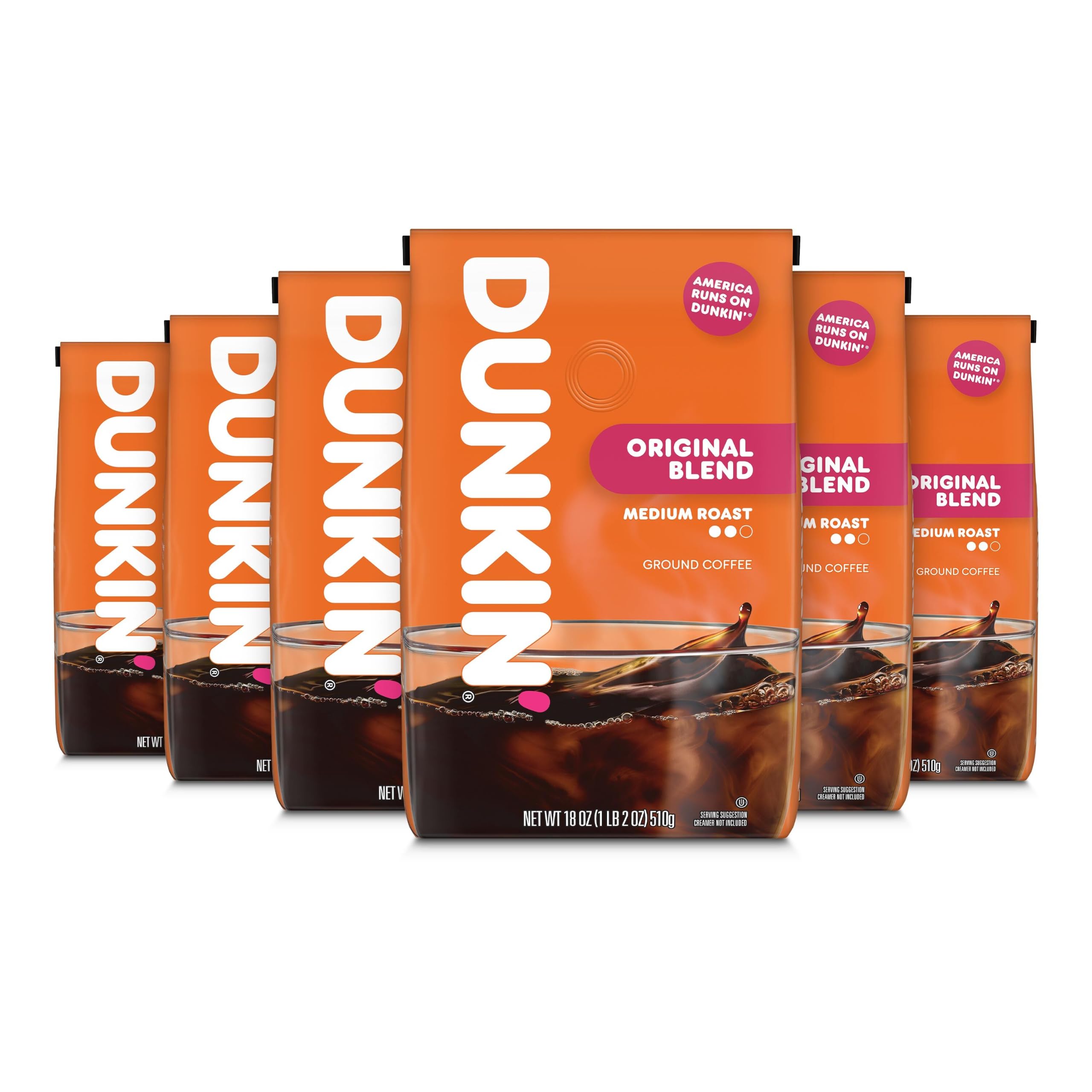 dunkin front packaging showing six 18 oz bags and brand for pantry convenience
