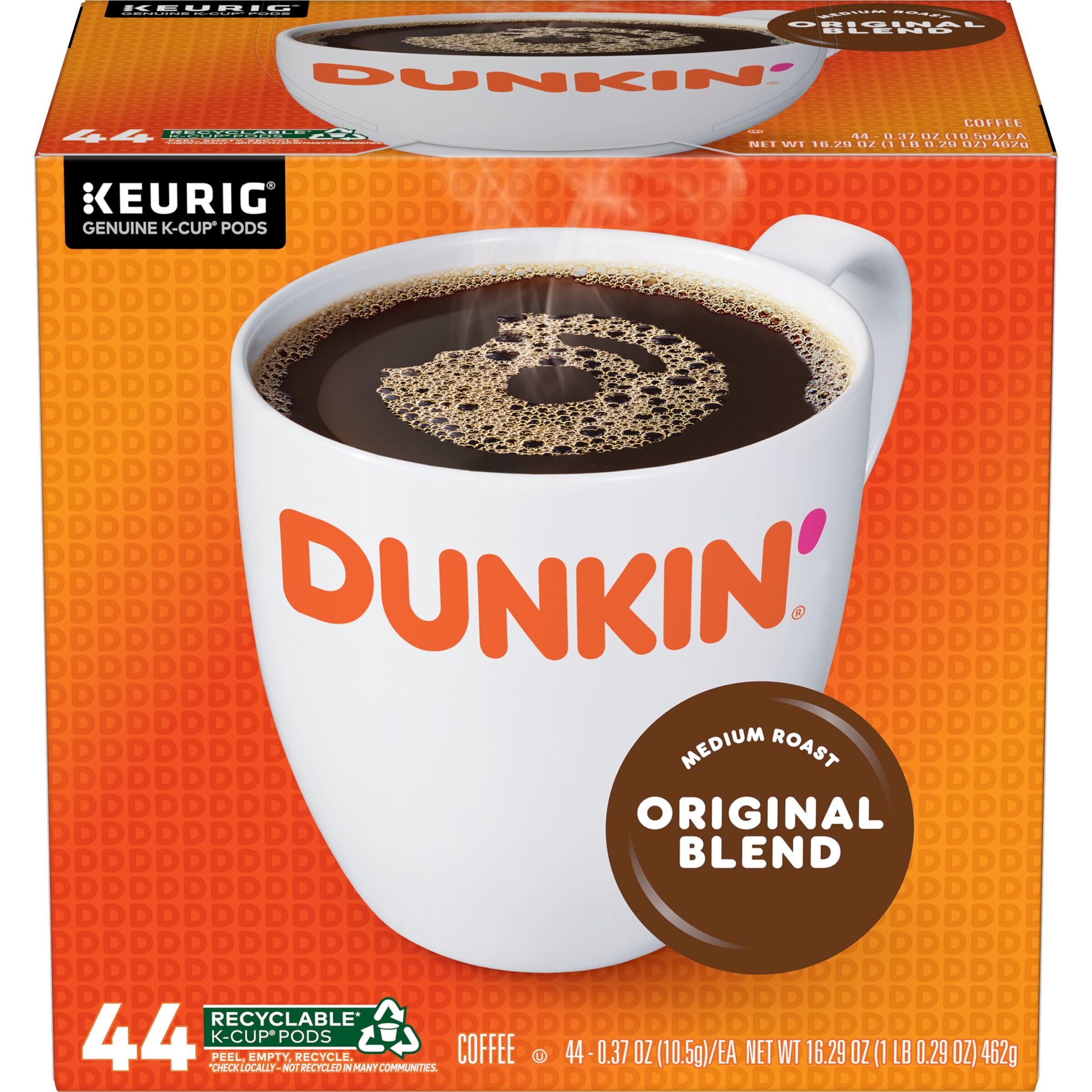 Dunkin' front packaging showing full 44-count box and brand recognition