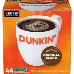 Dunkin' front packaging showing full 44-count box and brand recognition