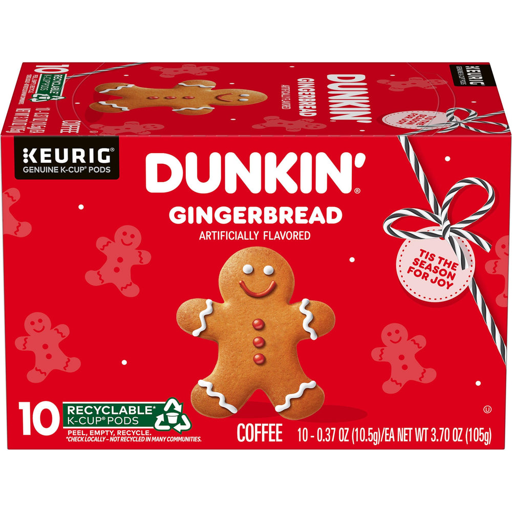 Dunkin' front packaging of 10-count gingerbread K-Cup pods showing seasonal design and convenience