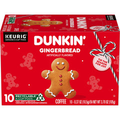 Dunkin' front packaging of 10-count gingerbread K-Cup pods showing seasonal design and convenience