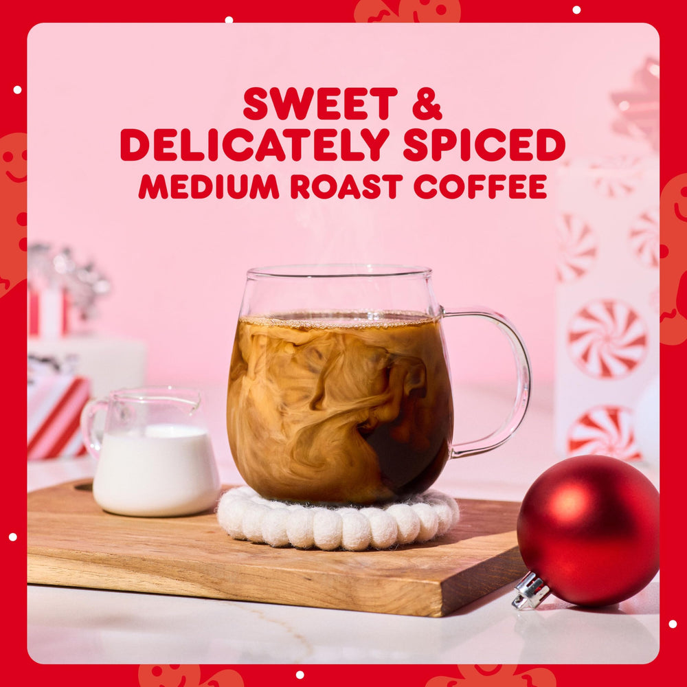 Close-up of a Dunkin' gingerbread K-Cup pod top label highlighting pod compatibility and flavor