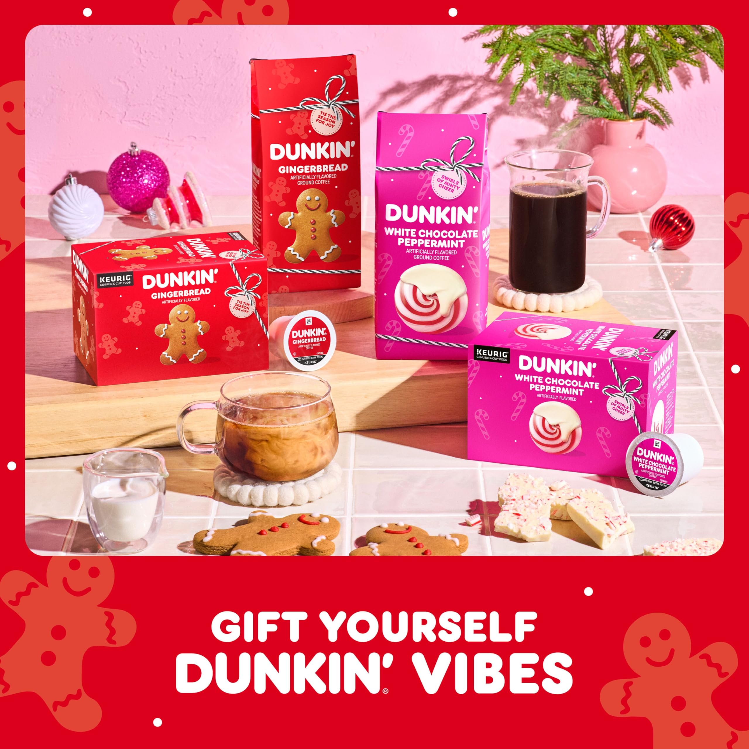 Holiday kitchen scene with Dunkin' gingerbread K-Cups and mug, illustrating festive entertaining ease
