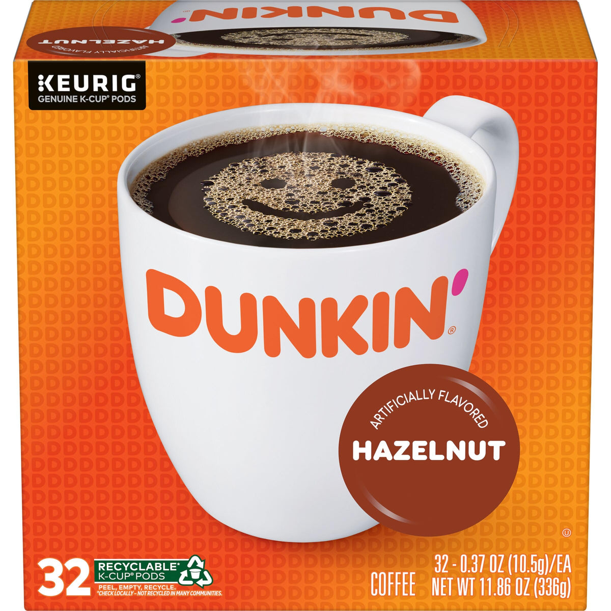 Dunkin' front box showing 32-count pods and product name for easy identification