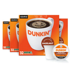 Dunkin' front packaging of 128-count K-Cup pods showing quantity and flavor benefits