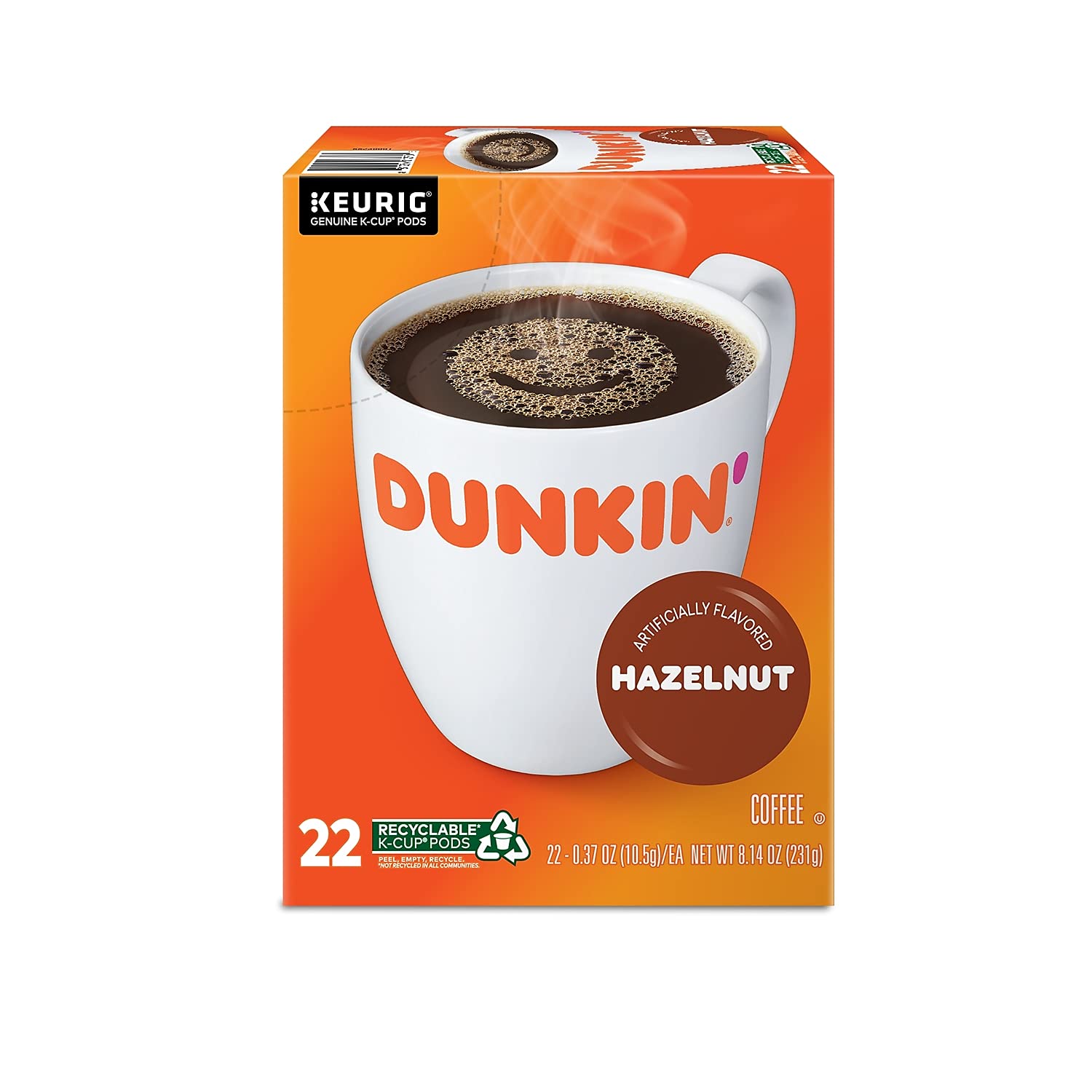 Dunkin' brewed cup of hazelnut coffee top view with crema and aroma