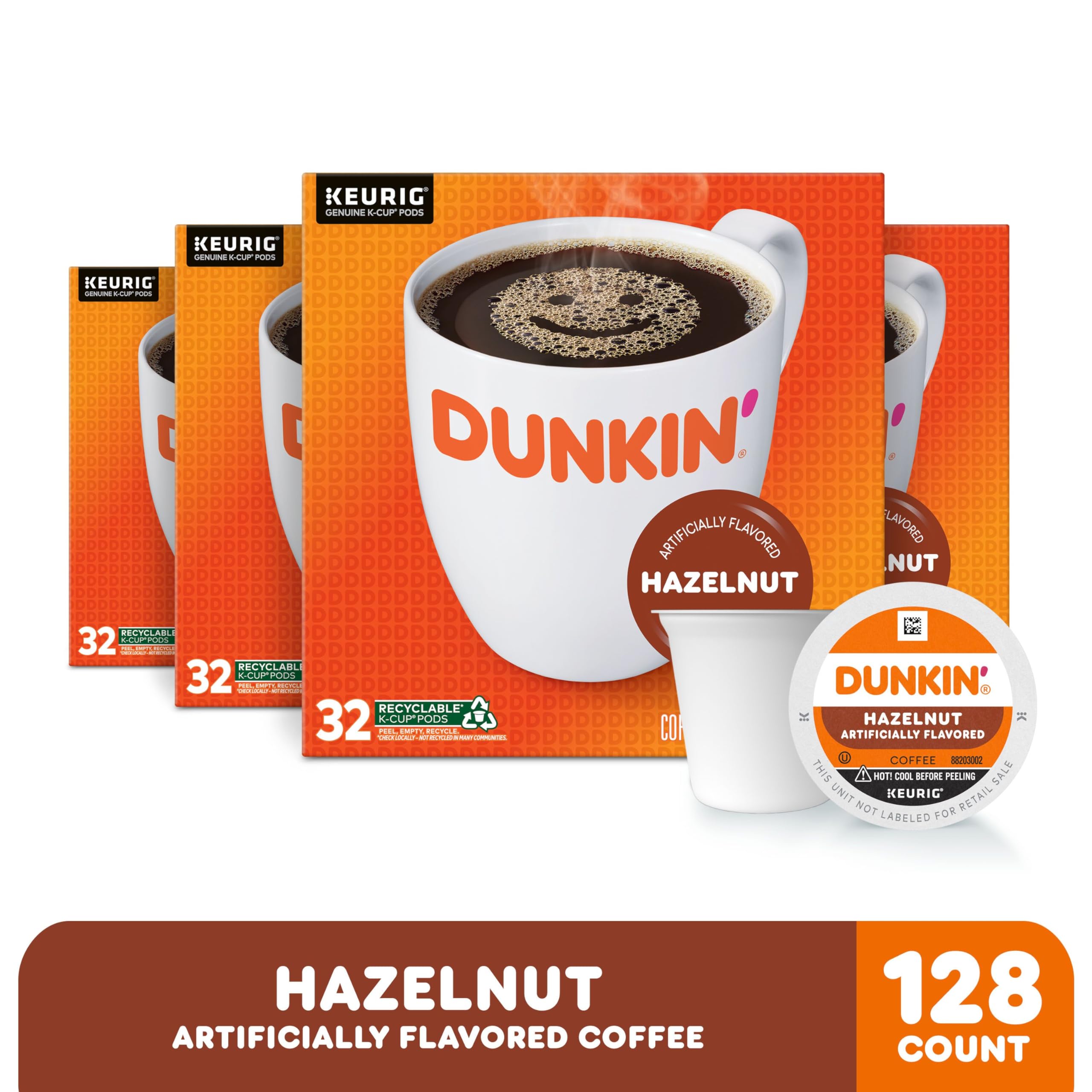 Close-up of a Dunkin' hazelnut K-Cup pod top highlighting pod design and convenience