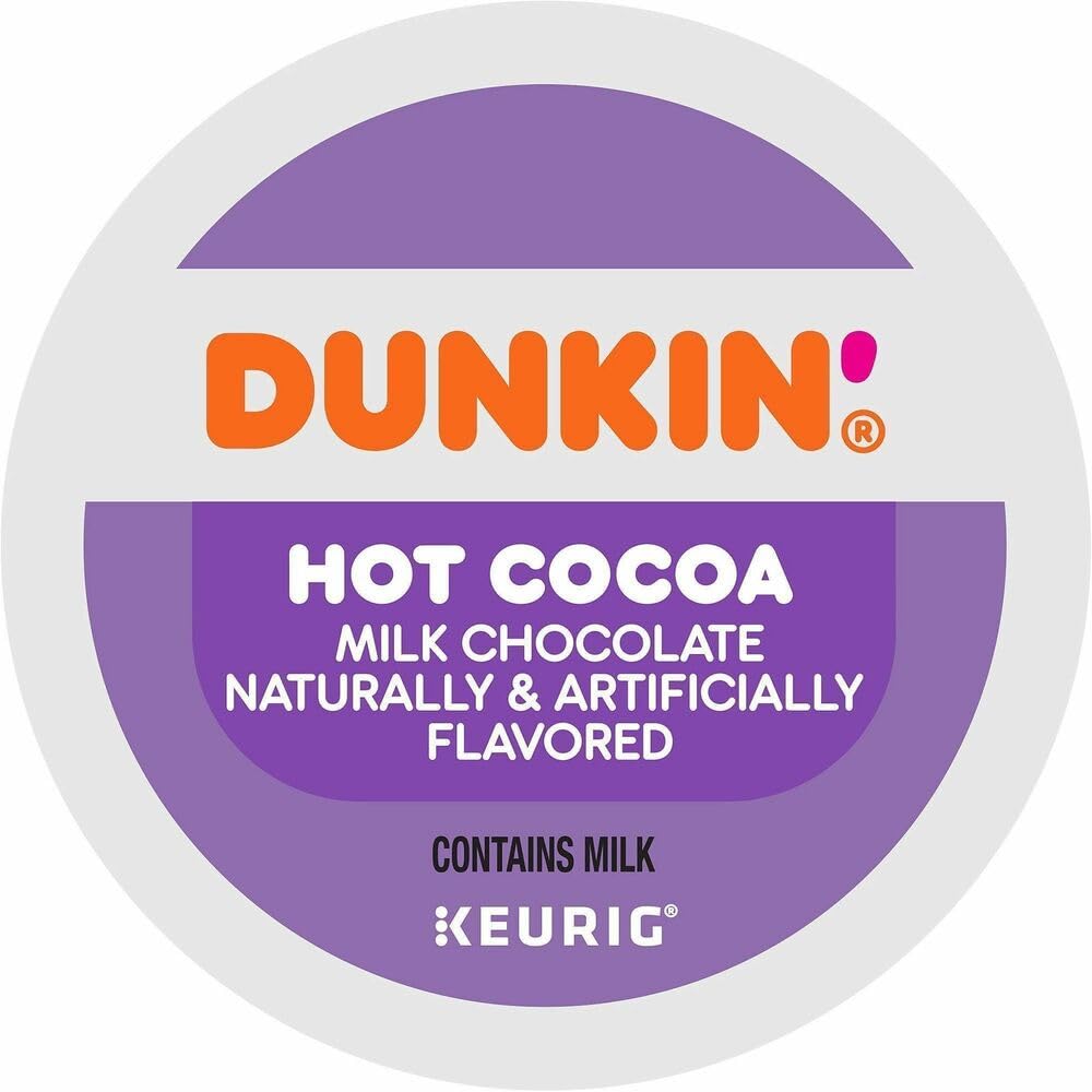Dunkin' front packaging showing K-Cup pods and quick hot cocoa convenience