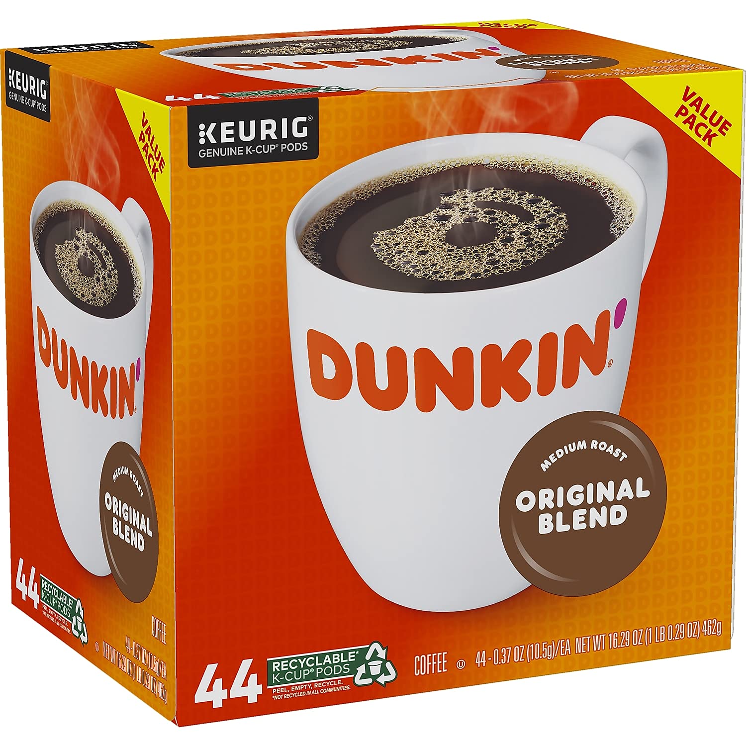 Dunkin' K-Cup close-up of top label highlighting freshness and convenience
