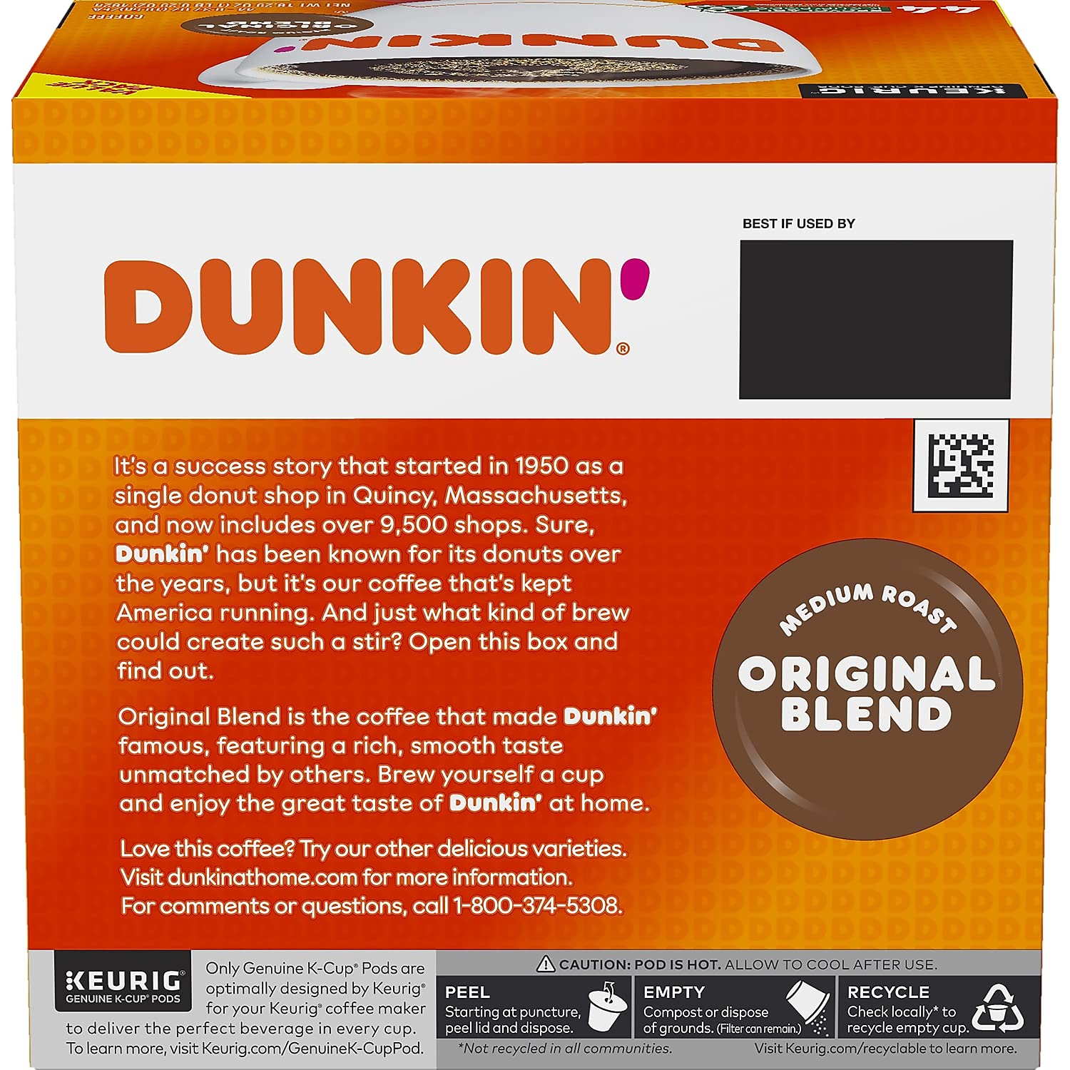 Dunkin' K-Cup in hand for size comparison illustrating single-serve convenience