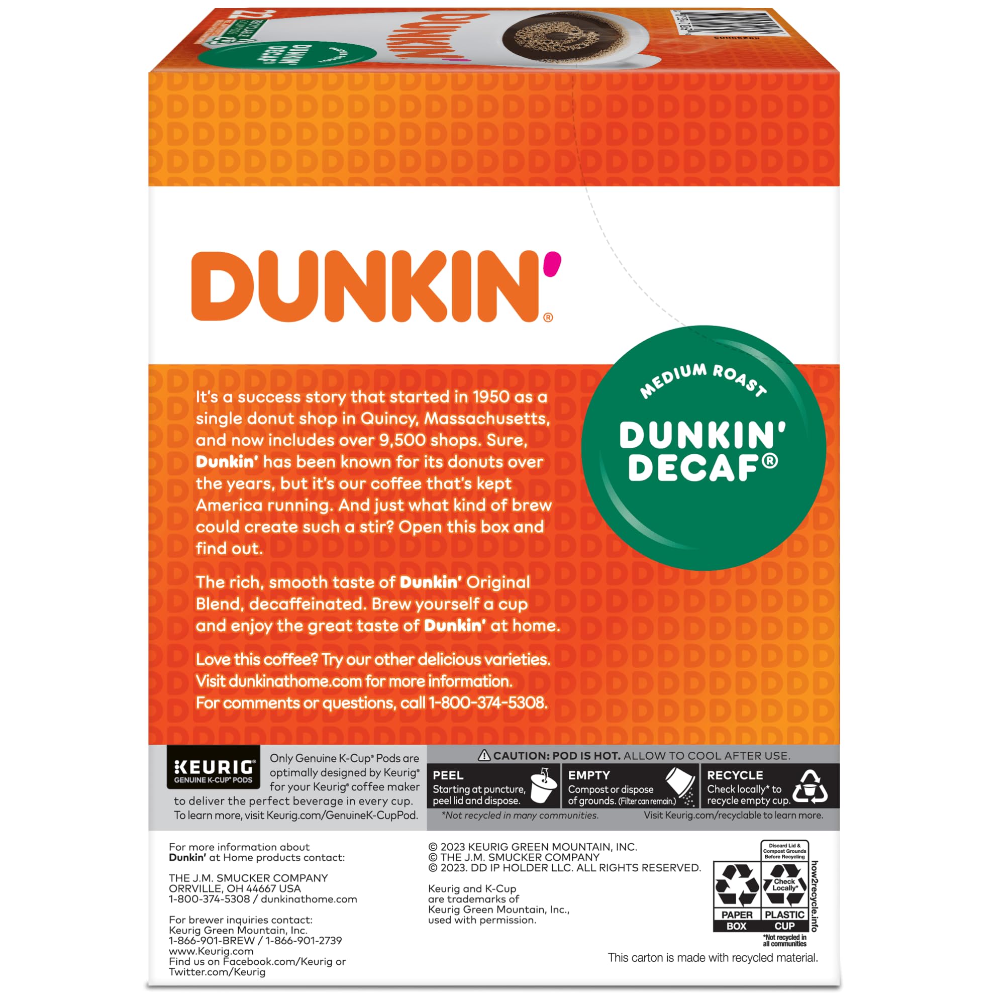 Dunkin' carton label and product details, conveying nutrition facts and brand transparency benefit