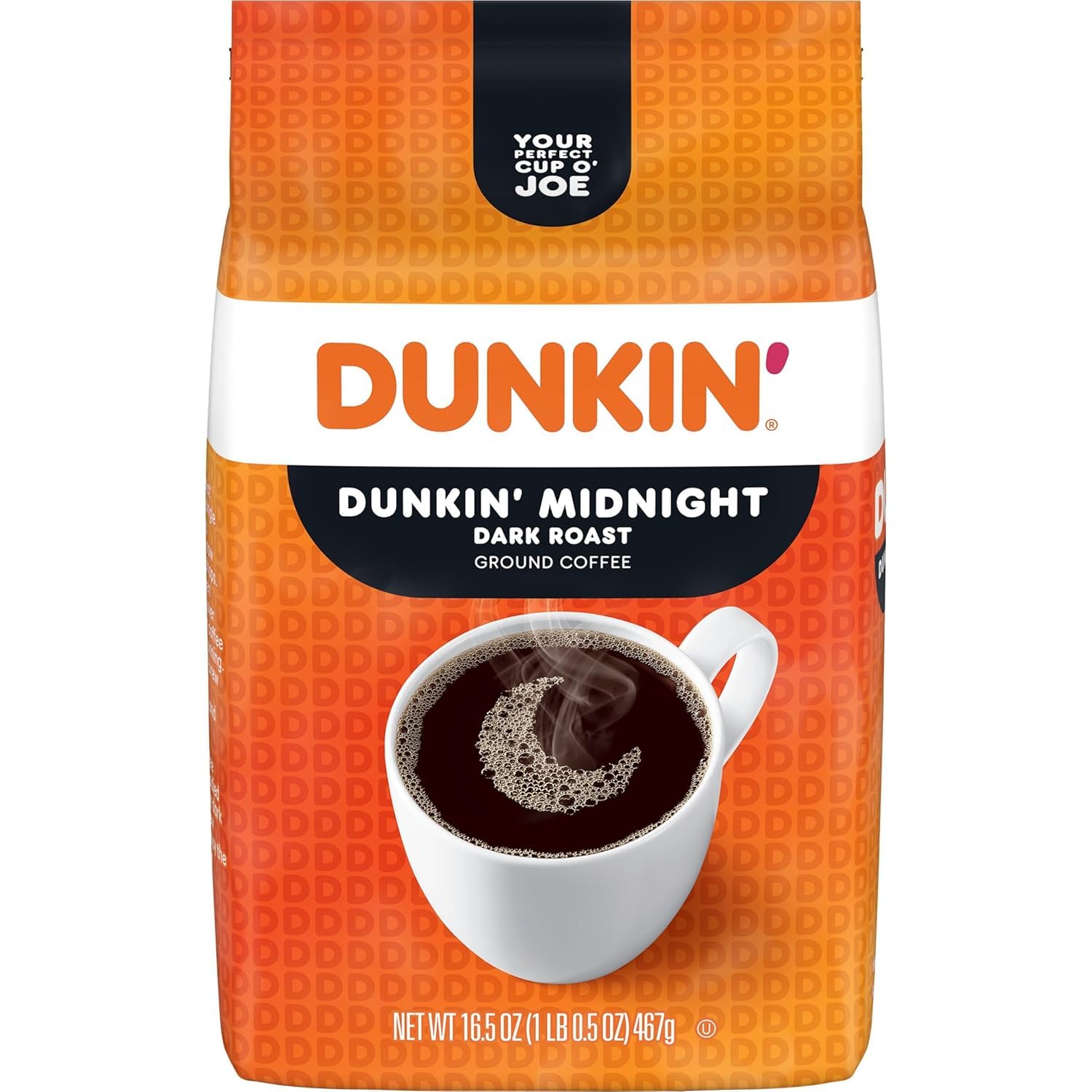 Dunkin' bag front view showing brand and midnight roast for easy identification