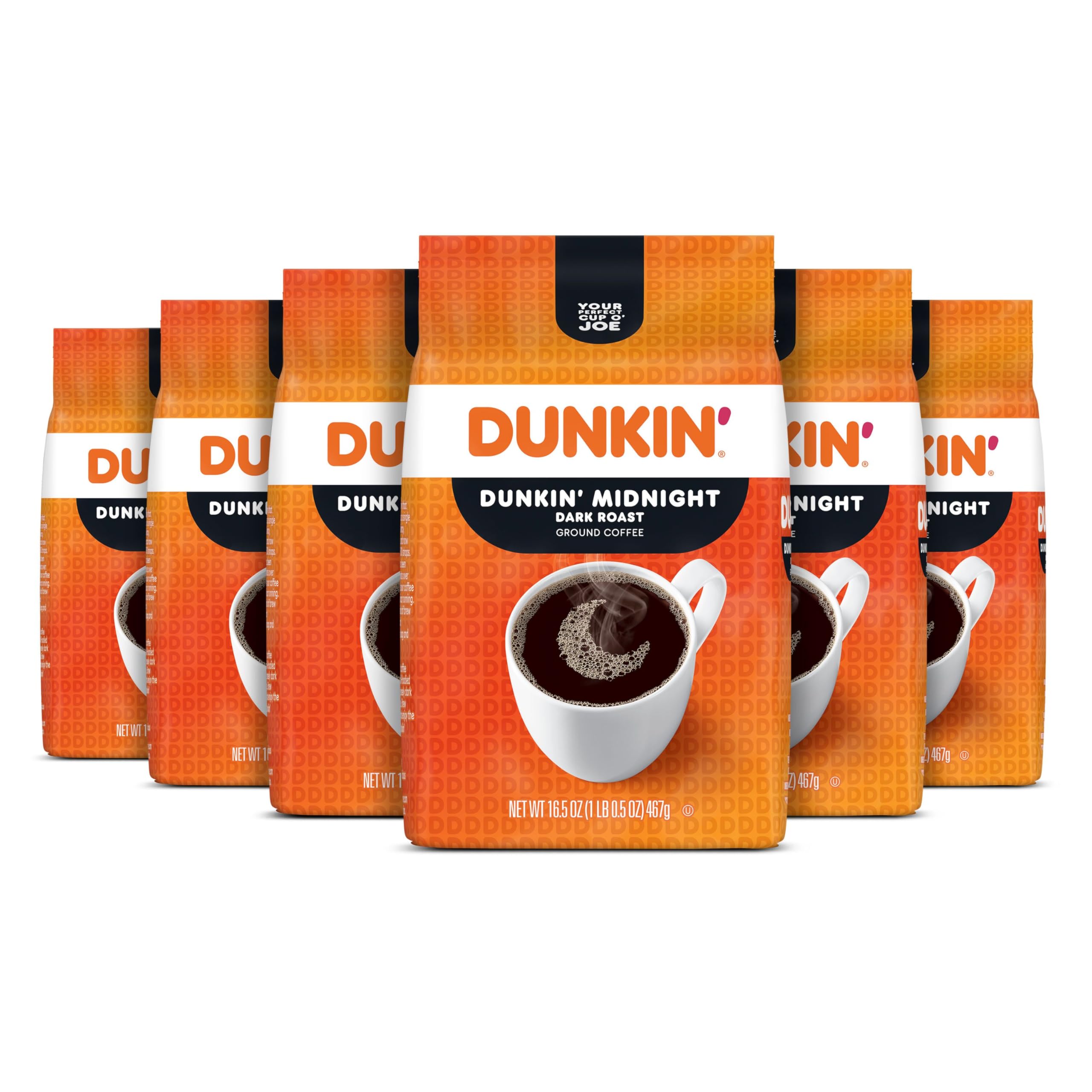 Dunkin' Midnight front packaging showing six 16.5 oz bags for long supply