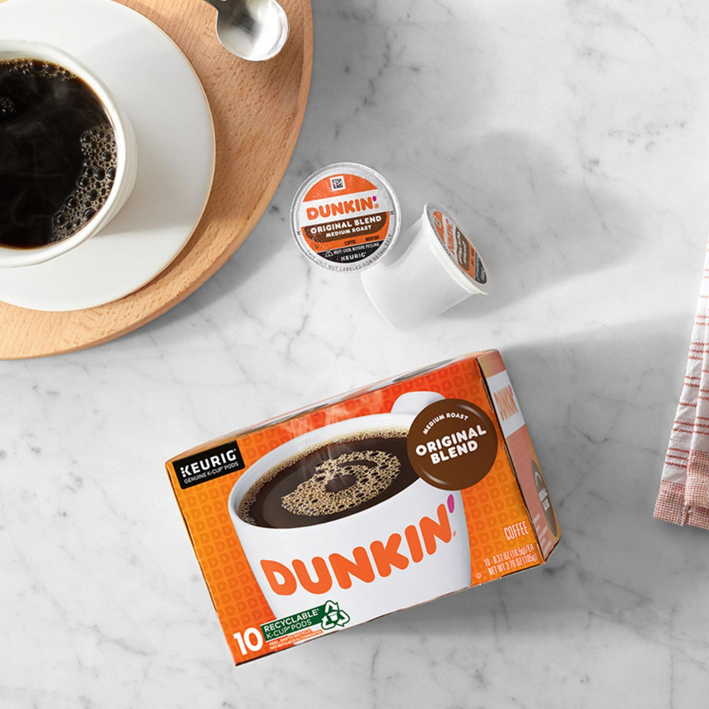 Office break room with Dunkin' pods and Keurig setup showing workplace coffee solution