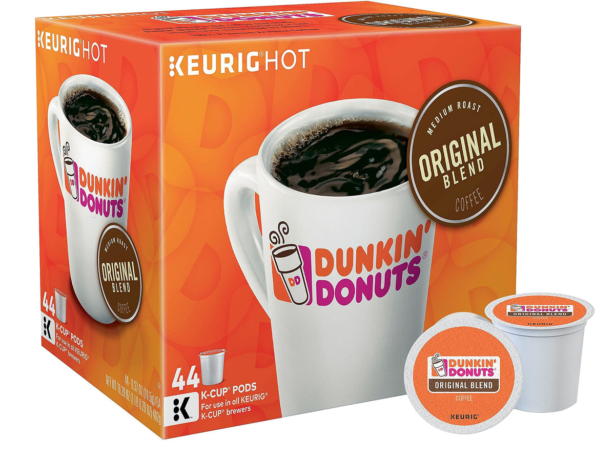Dunkin' box front view showing 44-count and brand for easy identification