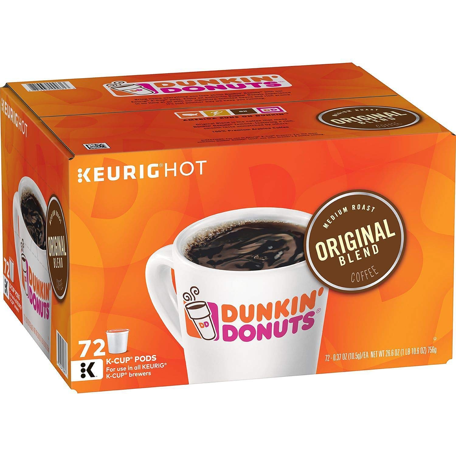 Dunkin' Original Blend K-Cup pod front view showing brand and single-serve convenience