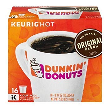 Dunkin' front packaging showing 16-count K-Cups and clear branding for quick brewing