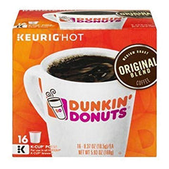 Dunkin' front packaging showing 16-count K-Cups and clear branding for quick brewing