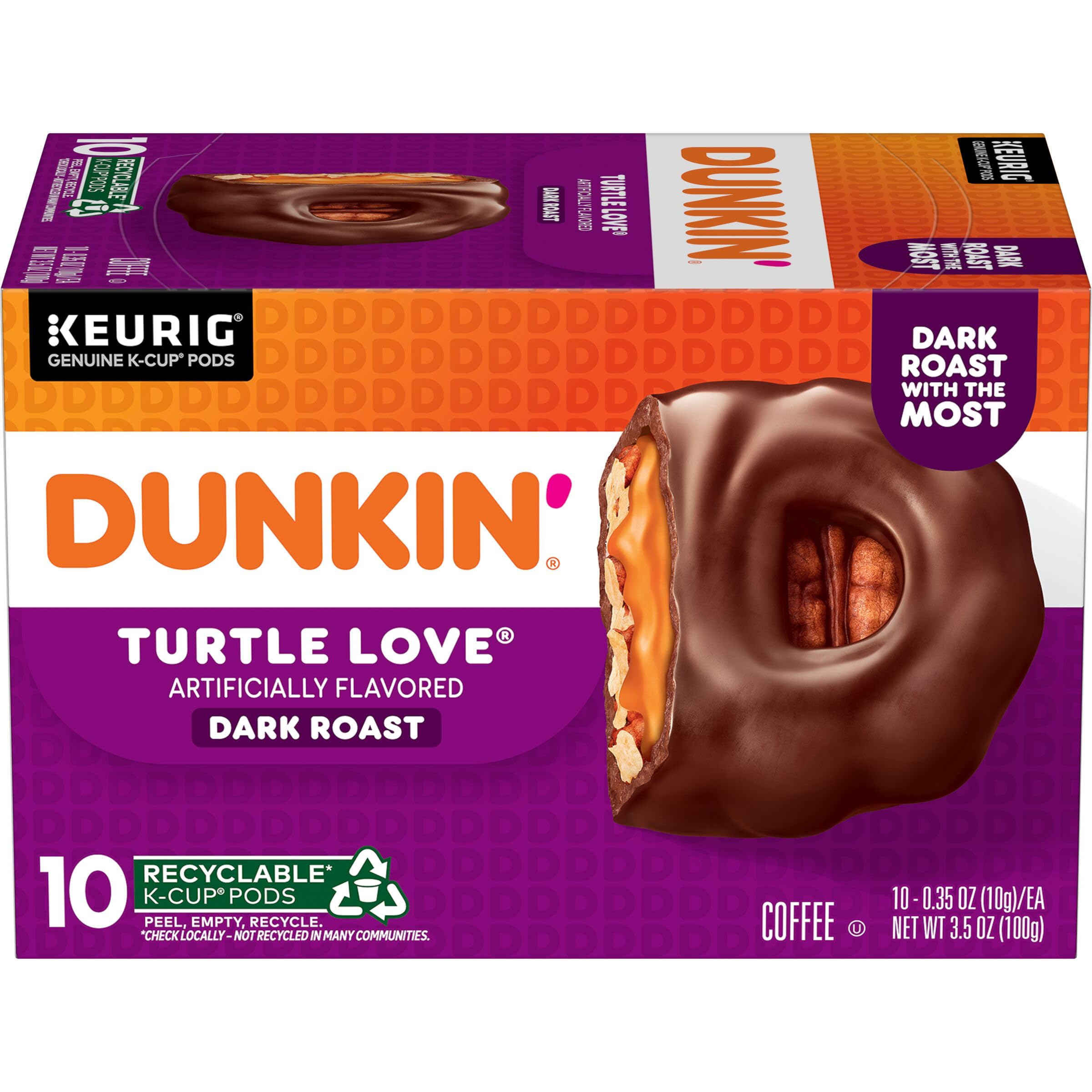 Dunkin' front box showing Turtle Love flavor and 10-count convenience