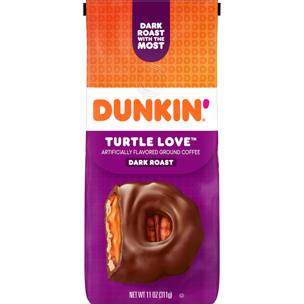 Dunkin' front packaging of Turtle Love bag showing product name and size benefits aroma