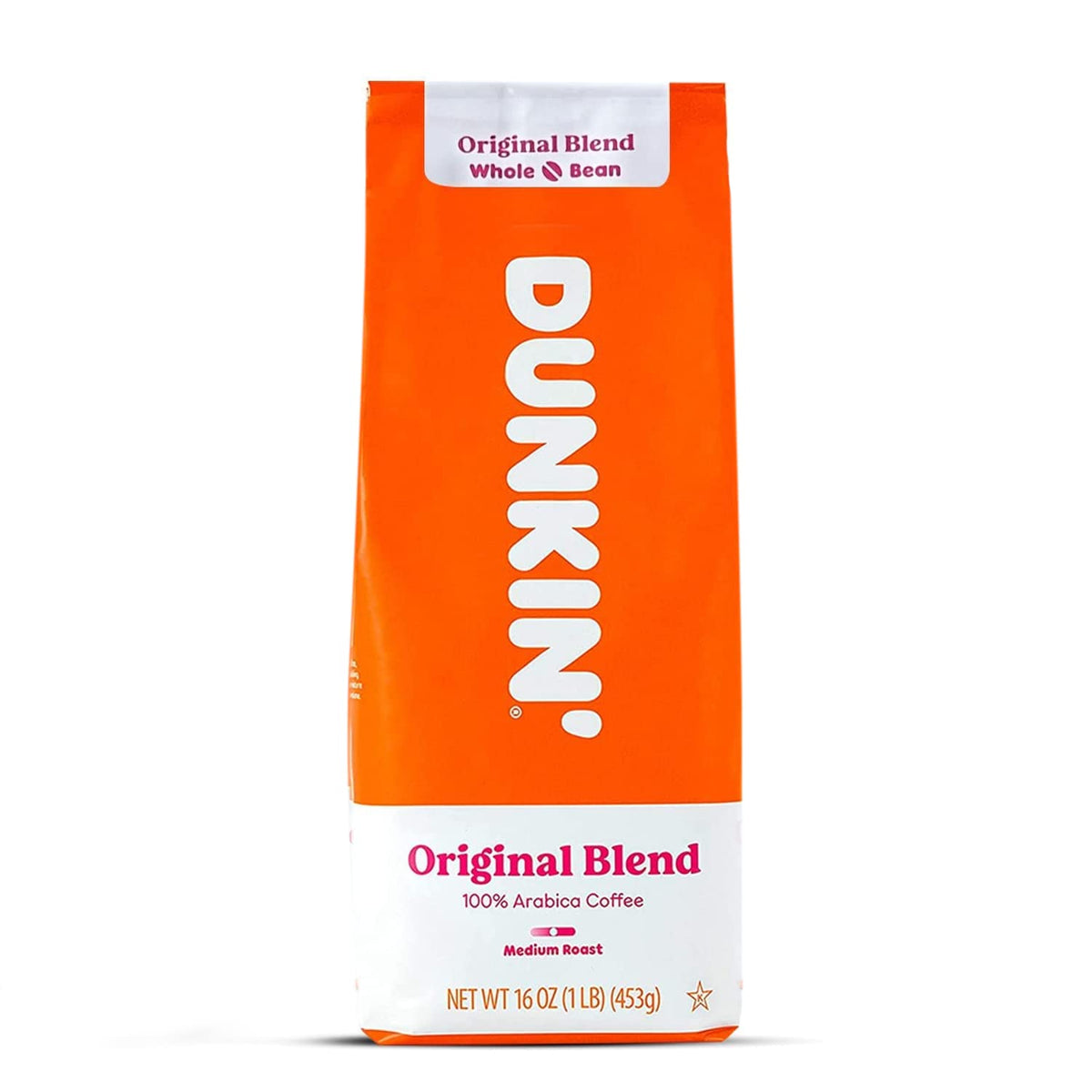 Dunkin' whole bean front packaging showing 1 lb bag and clear label, ready to brew