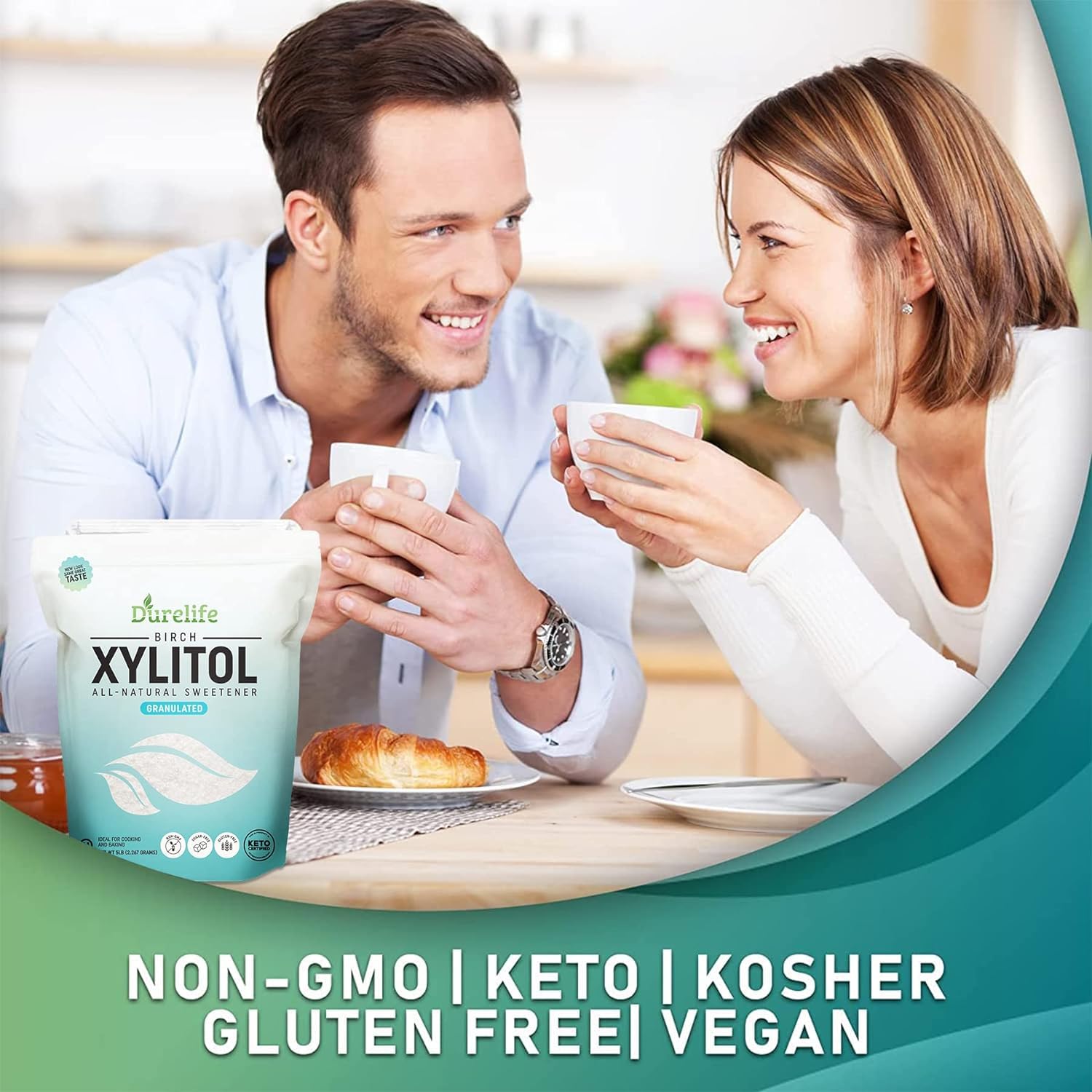 DureLife measuring spoon with xylitol demonstrating one-to-one sugar replacement