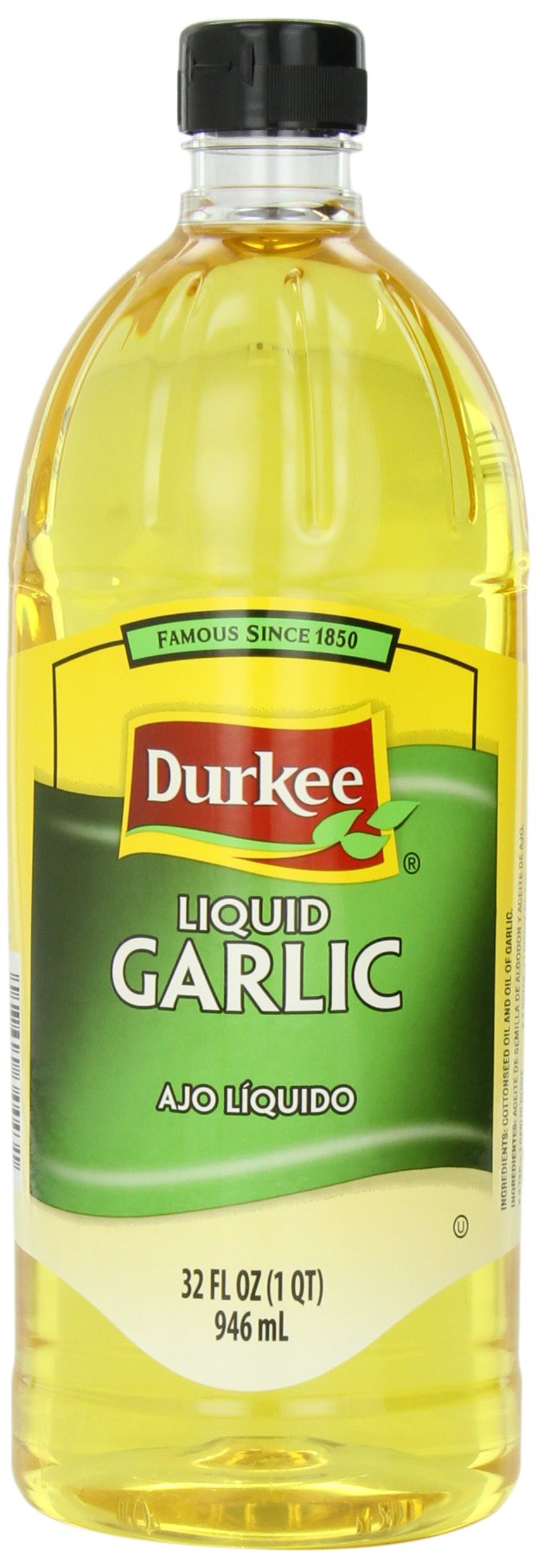 Durkee liquid garlic front bottle showing label and size for reliable pantry supply