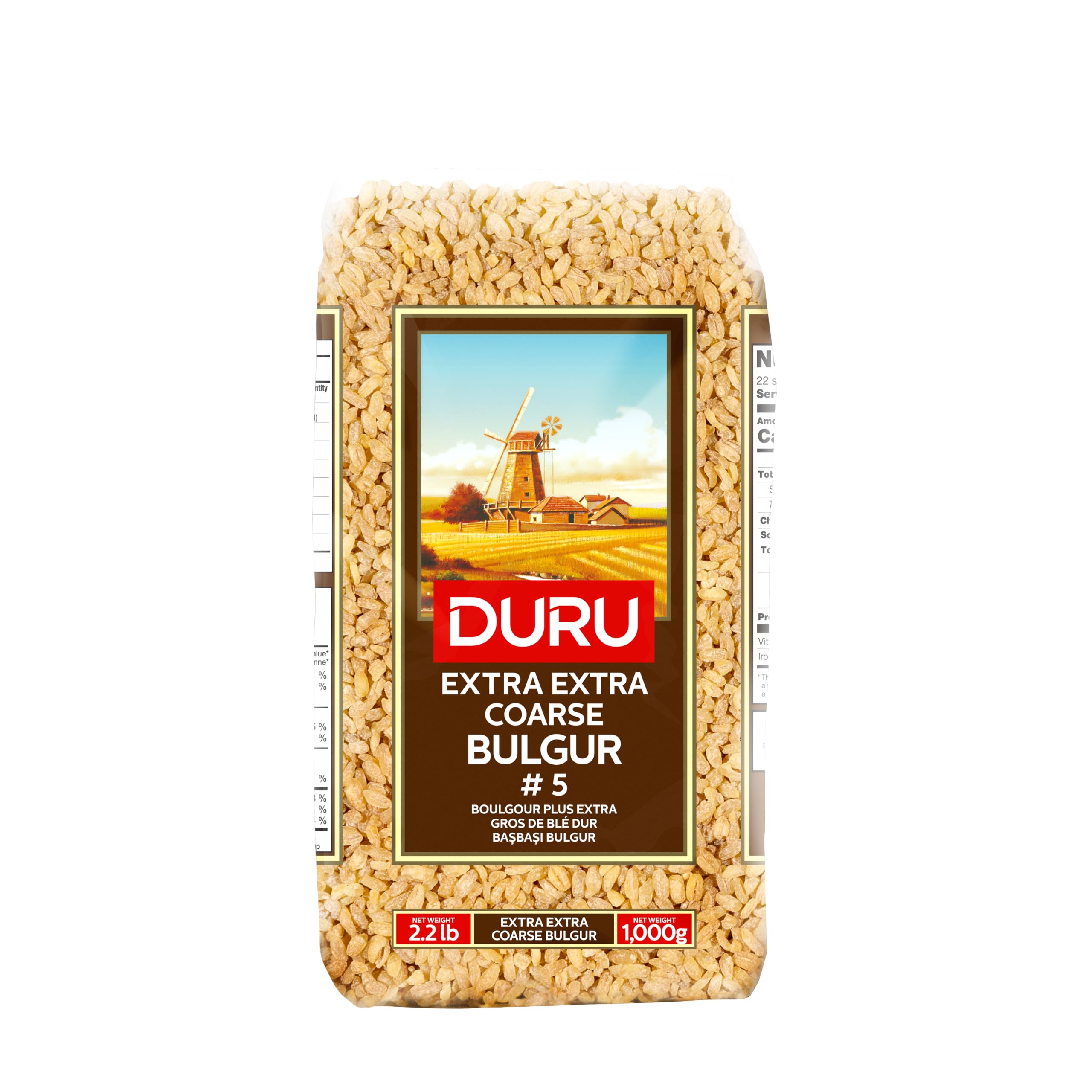 Duru pack front showing coarse bulgur and product weight benefits