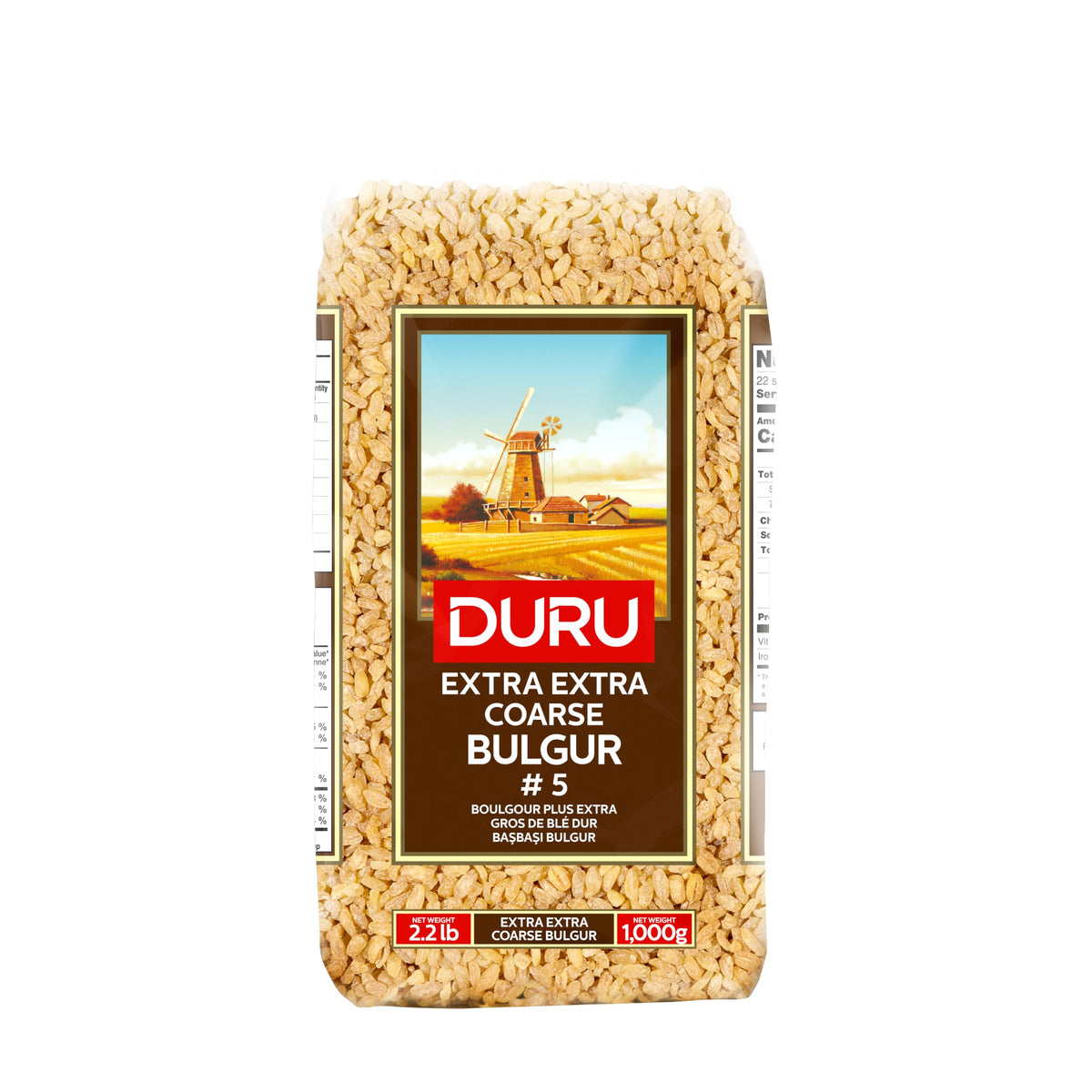 Duru pack front showing coarse bulgur and product weight benefits