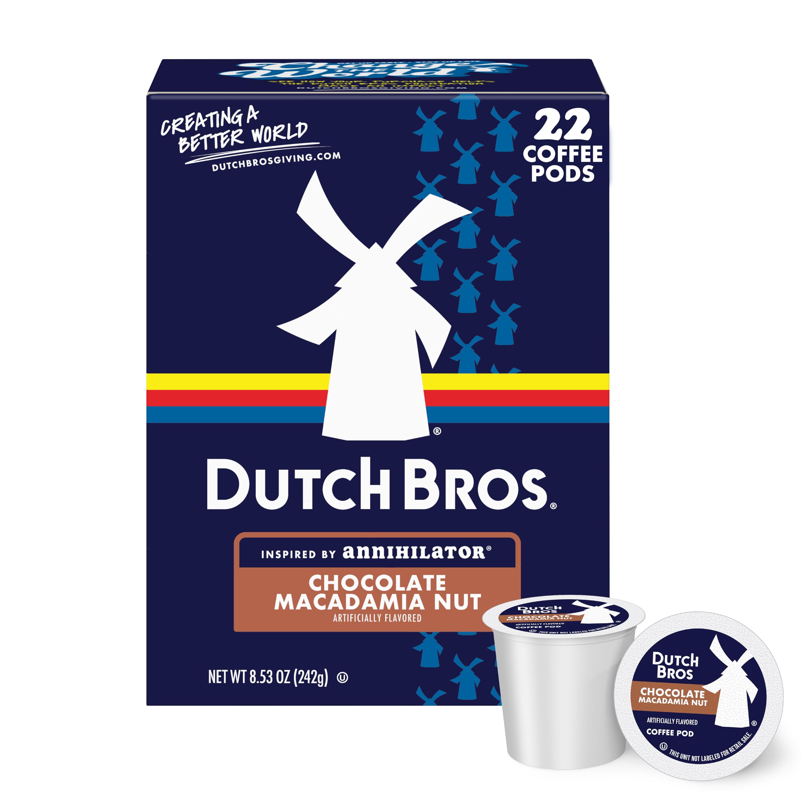 Dutch Bros front box showing Chocolate Macadamia Nut pods and convenience