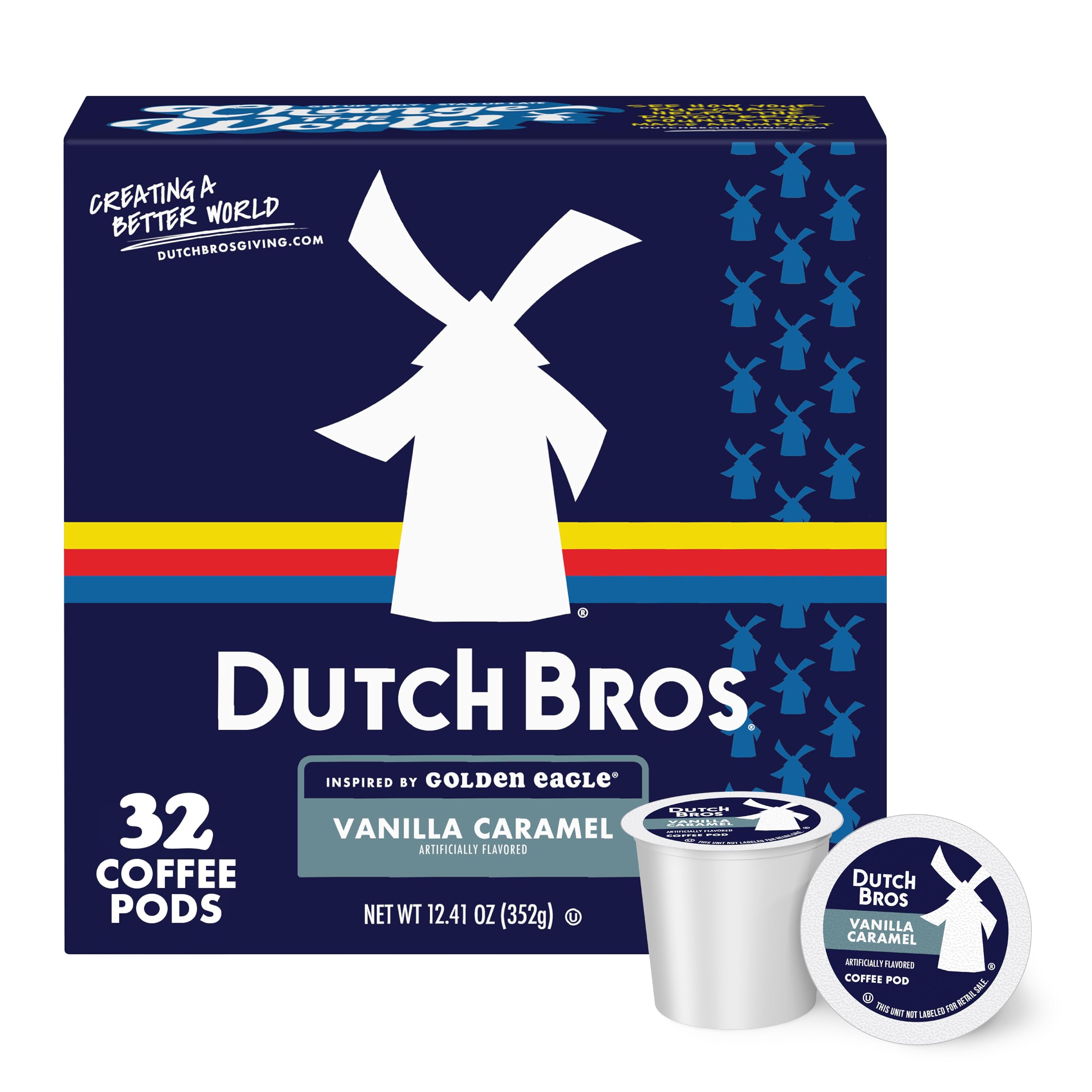 Dutch Bros front packaging showing 32 pods and flavor benefits