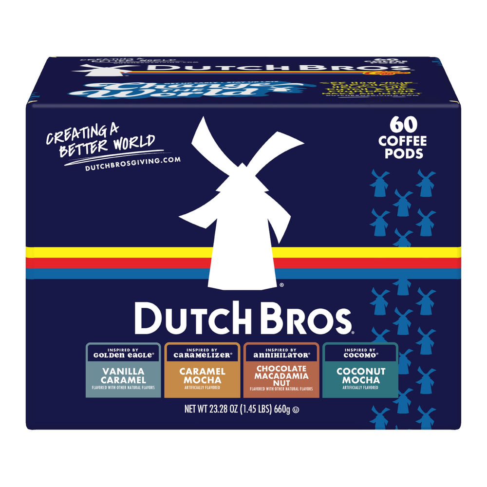 Dutch Bros front box shot showing four-flavor pack and easy brewing benefit