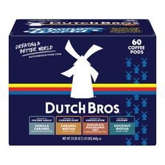 Dutch Bros front box shot showing four-flavor pack and easy brewing benefit