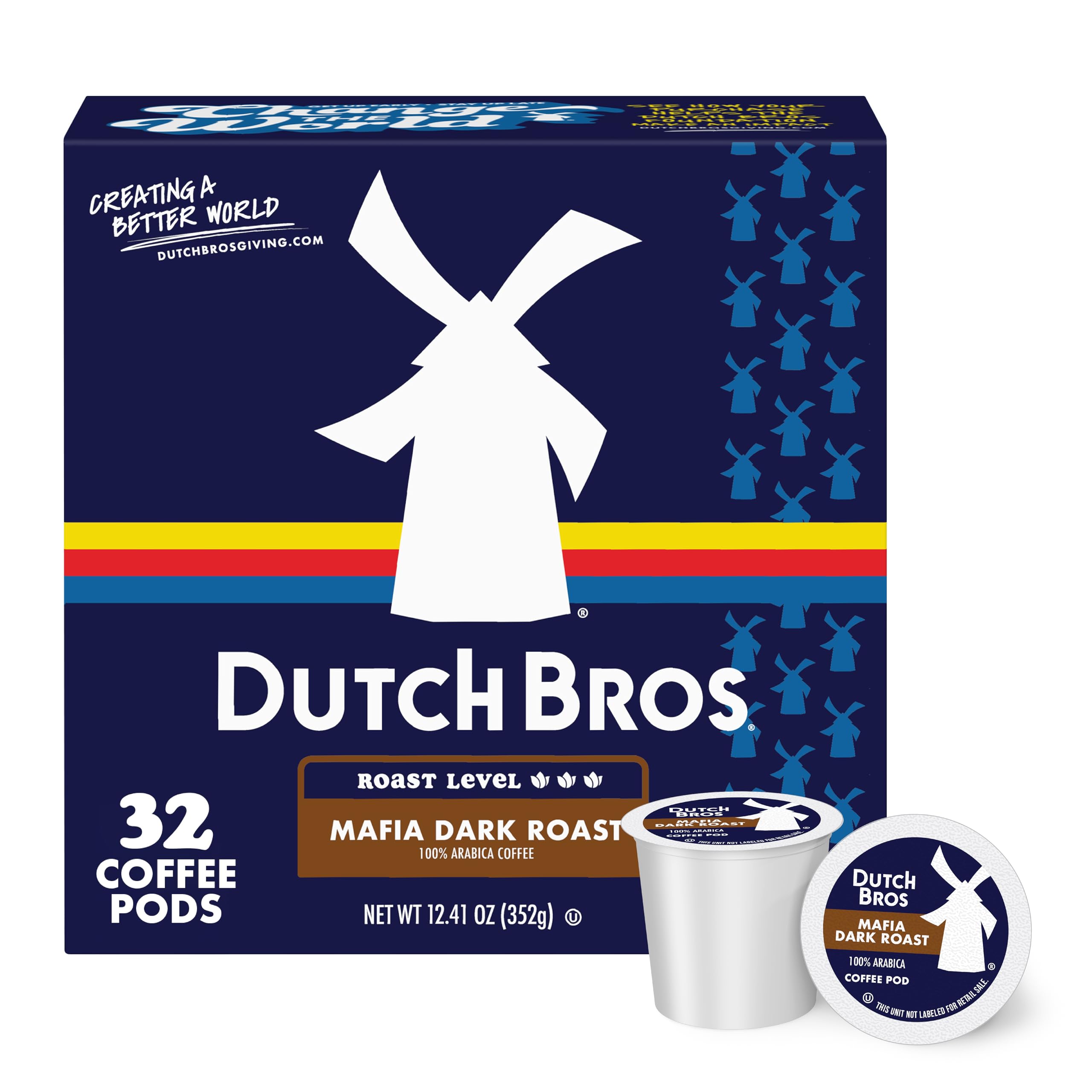 Dutch Bros front box showing 32-count pods and bold branding for pantry-ready convenience