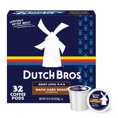 Dutch Bros front box showing 32-count pods and bold branding for pantry-ready convenience