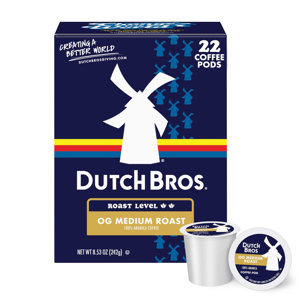 Dutch Bros front packaging showing OG medium roast and benefit of bold balance