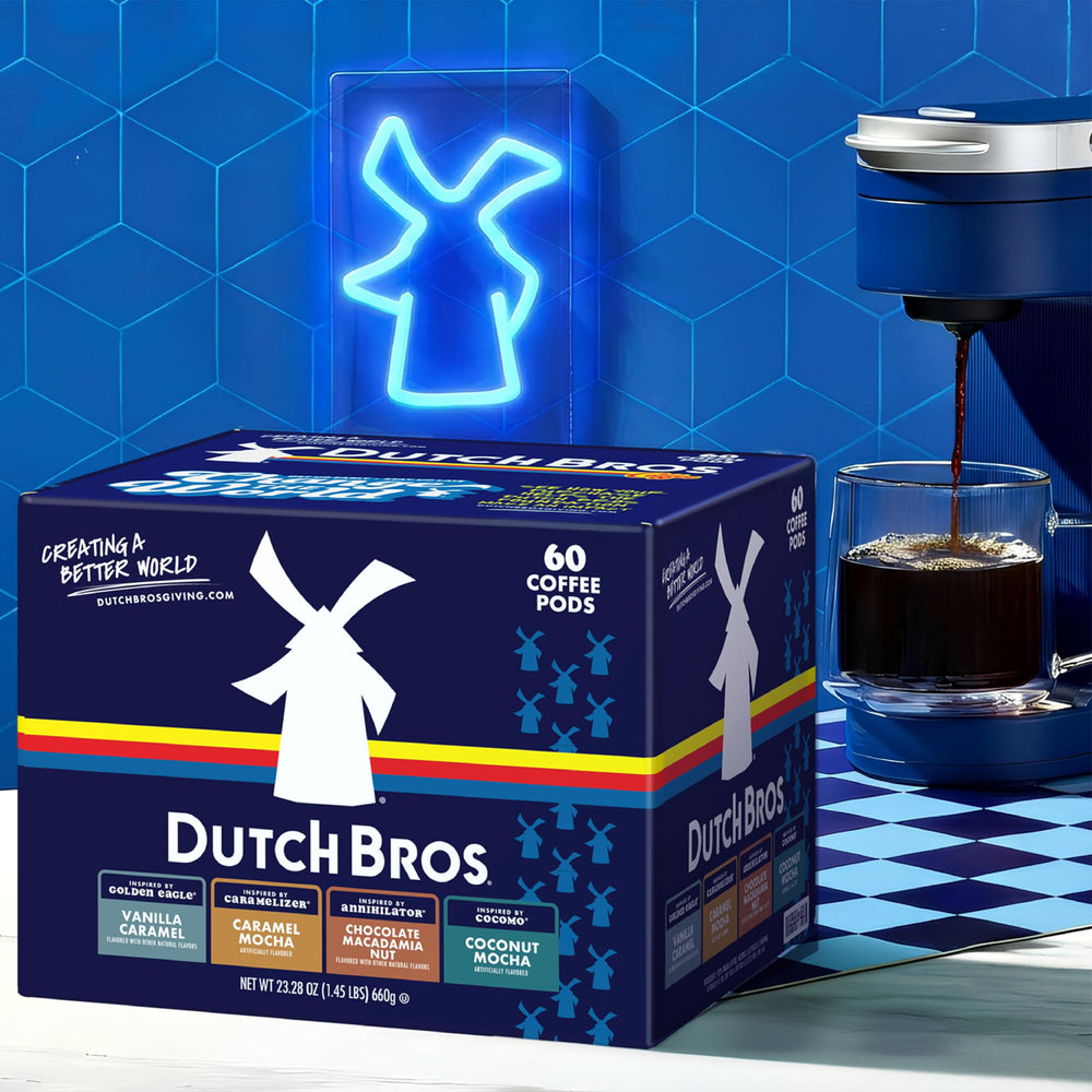 Dutch Bros pod inserted in brewer illustrating simple one-step brewing at home