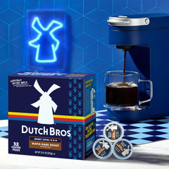 Single-serve machine with a Dutch Bros pod inserted demonstrating quick brewing convenience