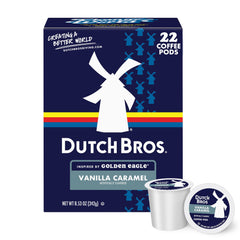 Dutch Bros front box showing 22-count pods and easy home brewing benefits