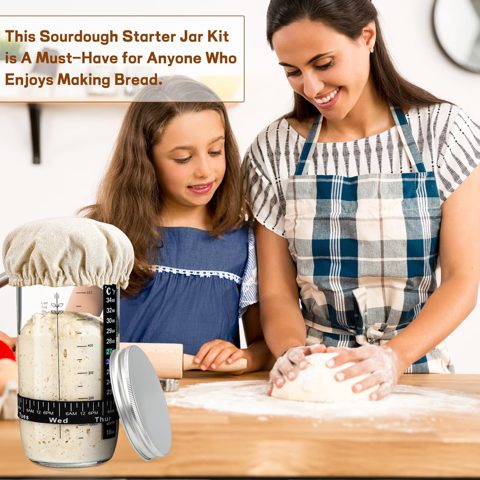 DWTS DANWEITESI jar on kitchen counter with baking tools showing practical starter maintenance in use
