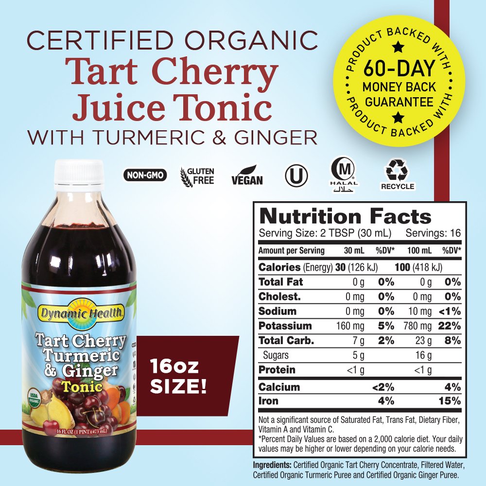 Dynamic Health label close-up highlighting organic tart cherry, turmeric, ginger ingredients and purity