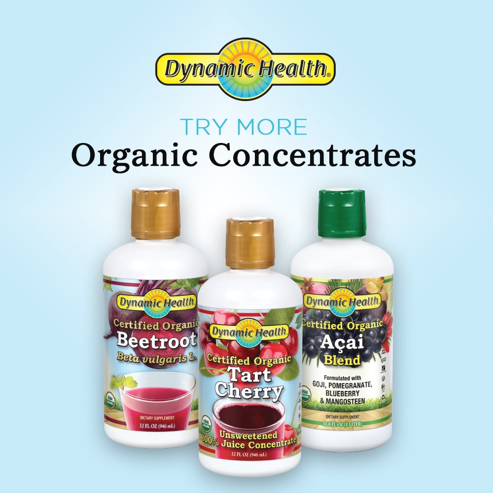 Dynamic Health arrangement of tart cherries, turmeric root, and ginger showing natural ingredients