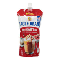 Eagle Brand front pouch showing label and resealable spout, easy storage benefit
