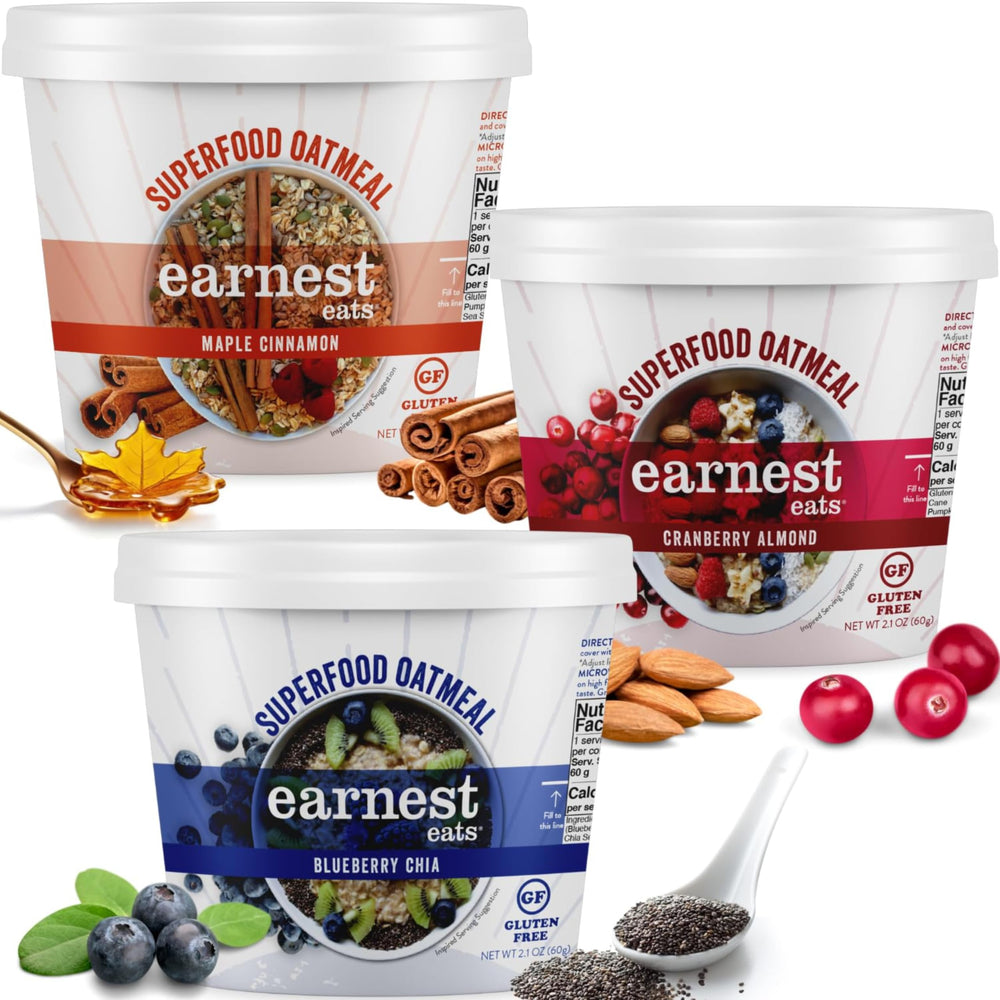 Earnest Eats front packaging showing all three oatmeal cup flavors and variety pack benefit