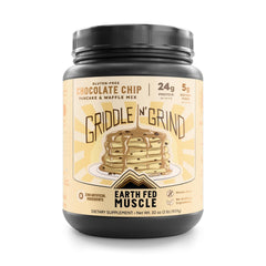 Earth Fed Muscle front packaging showing chocolate chip flavor and benefits