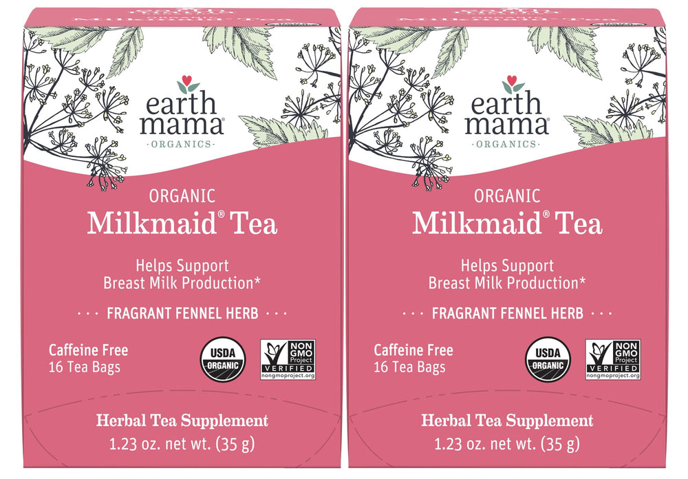 Earth Mama front box showing organic Milkmaid Tea packaging and clear benefits