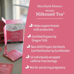 Earth Mama tea bag close-up with visible tag and easy steeping benefit