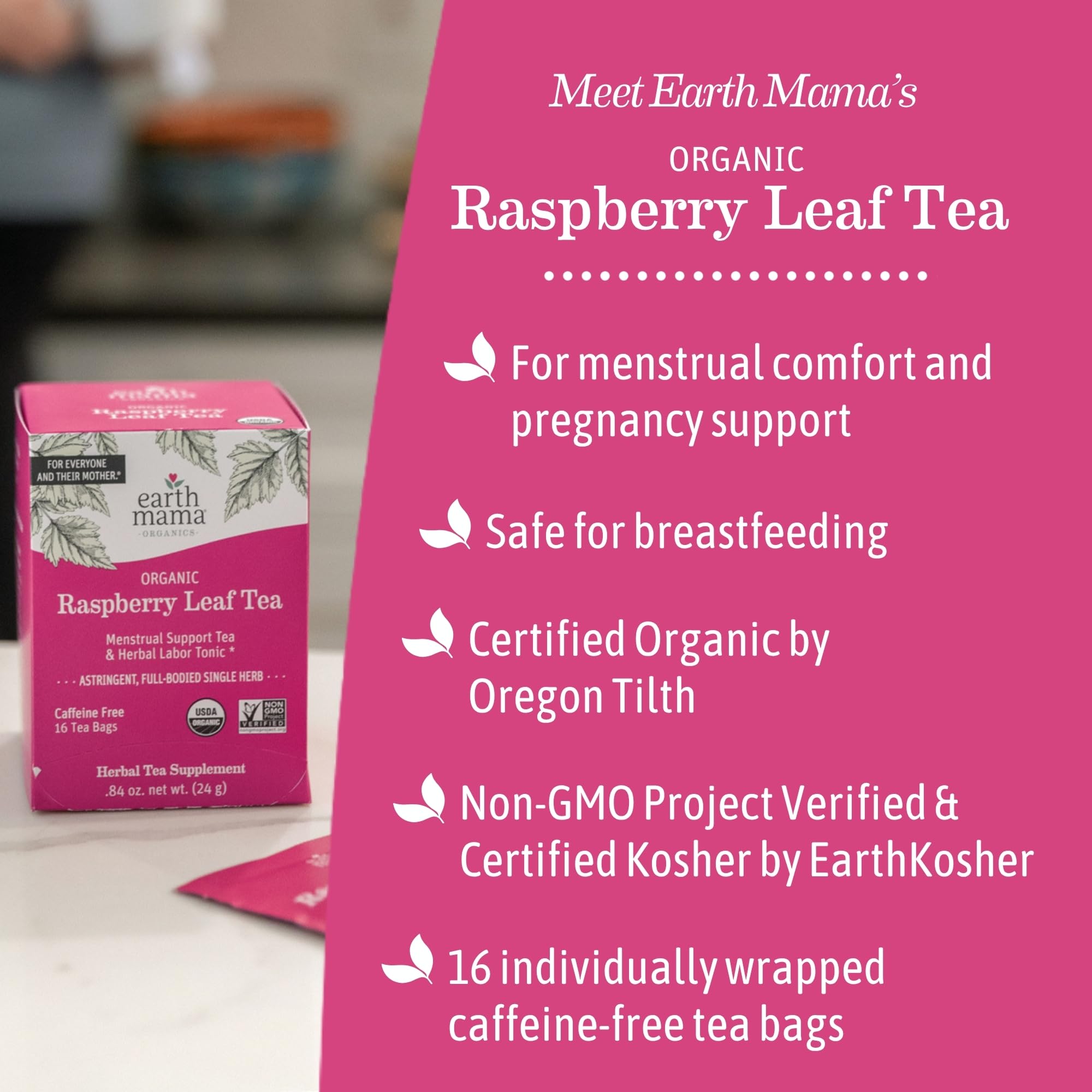 Earth Mama steaming cup of red raspberry leaf tea demonstrating comforting hot drink benefit