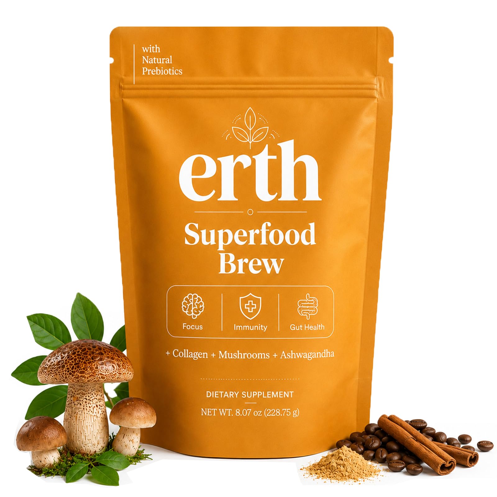 Earth Superfood Brew front packaging showing resealable pouch and brand