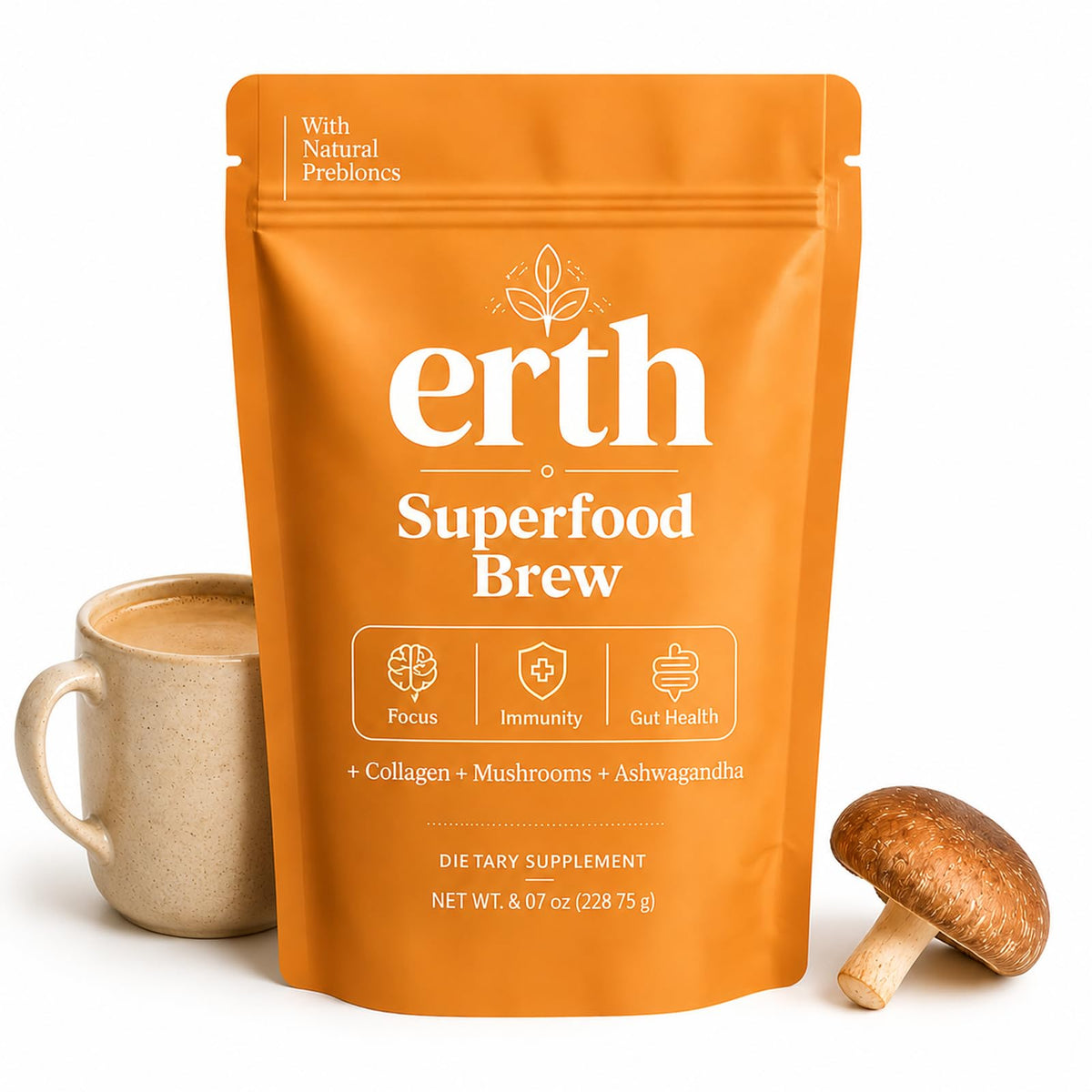 Earth Superfood Brew front pouch showing label and resealable pouch benefit